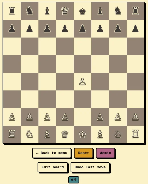 The Player Koi web UI right after the player's 1.e4 is detected, with the board diagram updated and the move logged